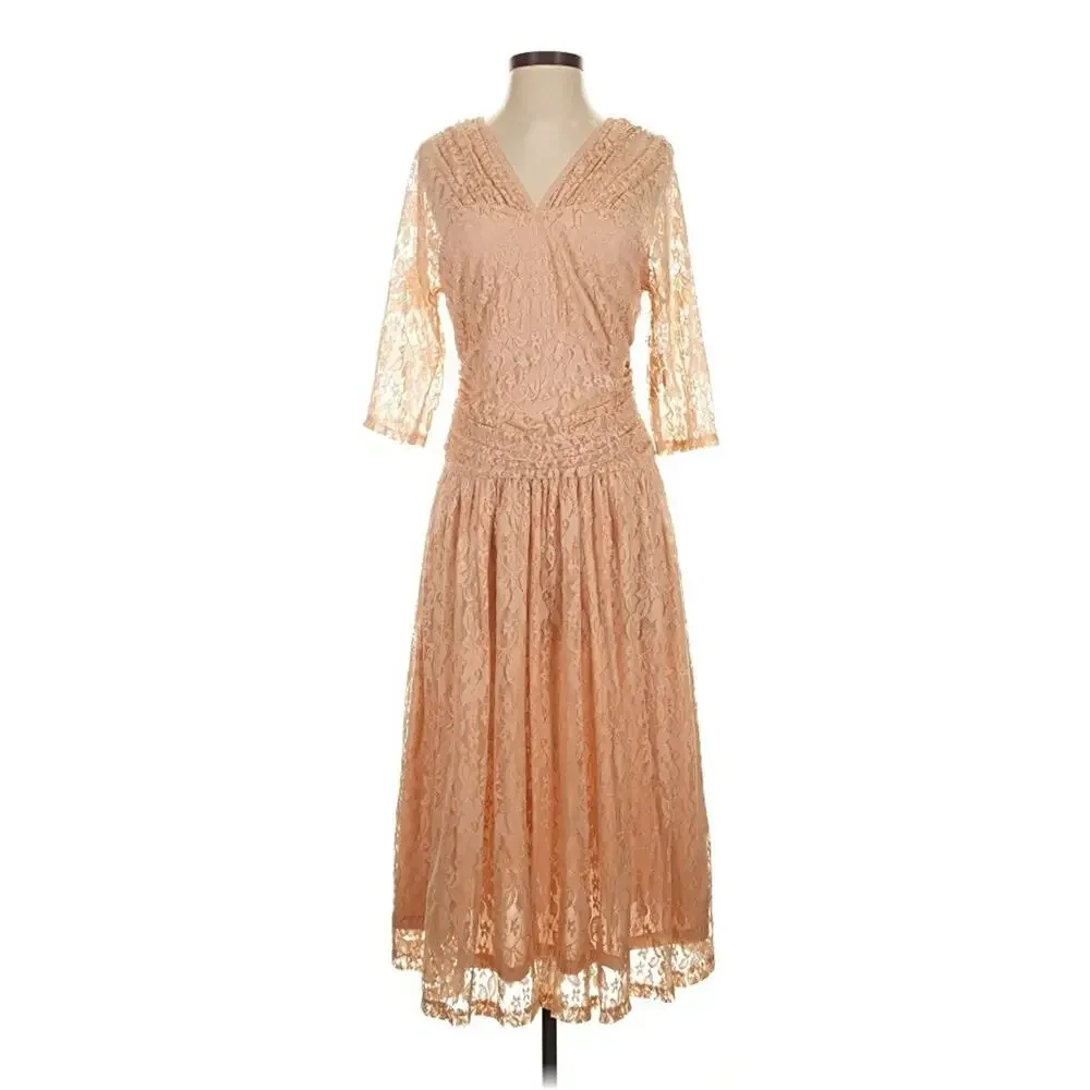 Kiyonna Party Dress Beige Lace Size 10 12 Swinging Symphony Lined Wedding Bride